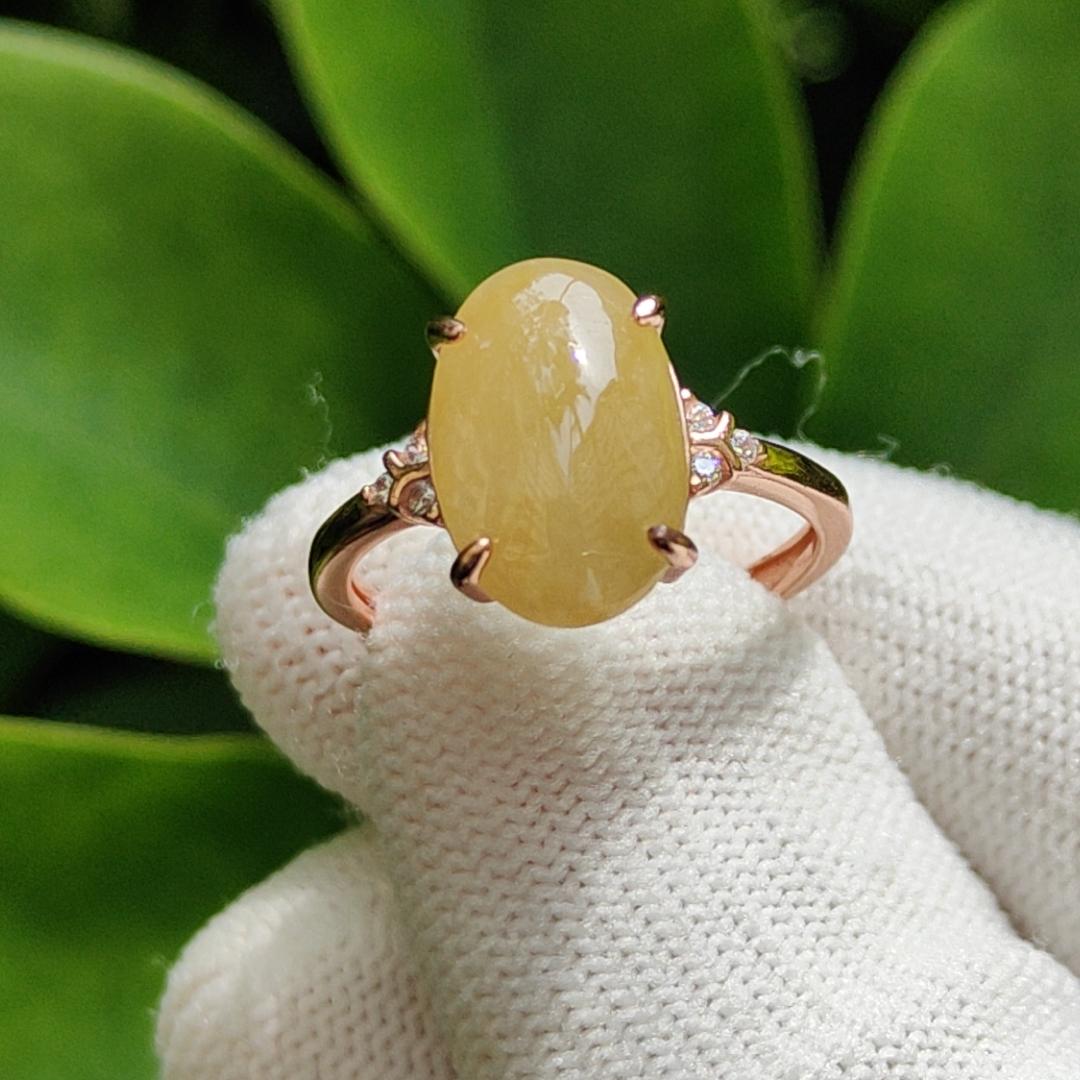 Yellow Cabochon Natural Type A Jadeite-Jade crafted as shape of oval set with size adjustable S925 Ring, certificate weighs 2.53 grams, measurement 13.3 * 9 * 3.2 mm (s925ring19) Yi Pin Qian Jadeites Jade Jewelry ~Your Precious Quintessential ~ Singapore