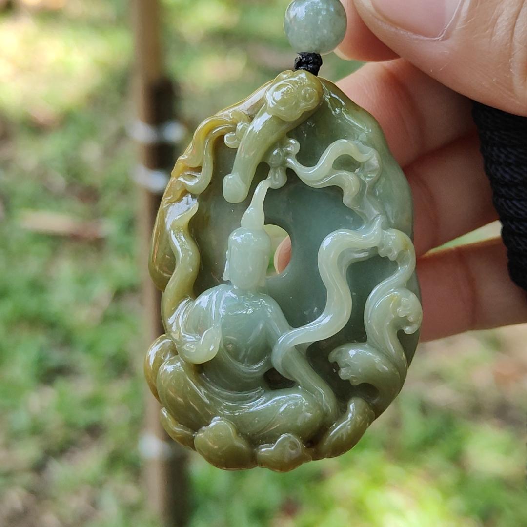 #Sold - Good Quality Yellow and Green Natural Type A Jadeite Jade crafted with Ruyi and Faceless Buddha as Pendant, QIC approved labs certificate weigh 45.18 grams, measurement 53.1 * 38.3 * 14.8 mm (pendant273)