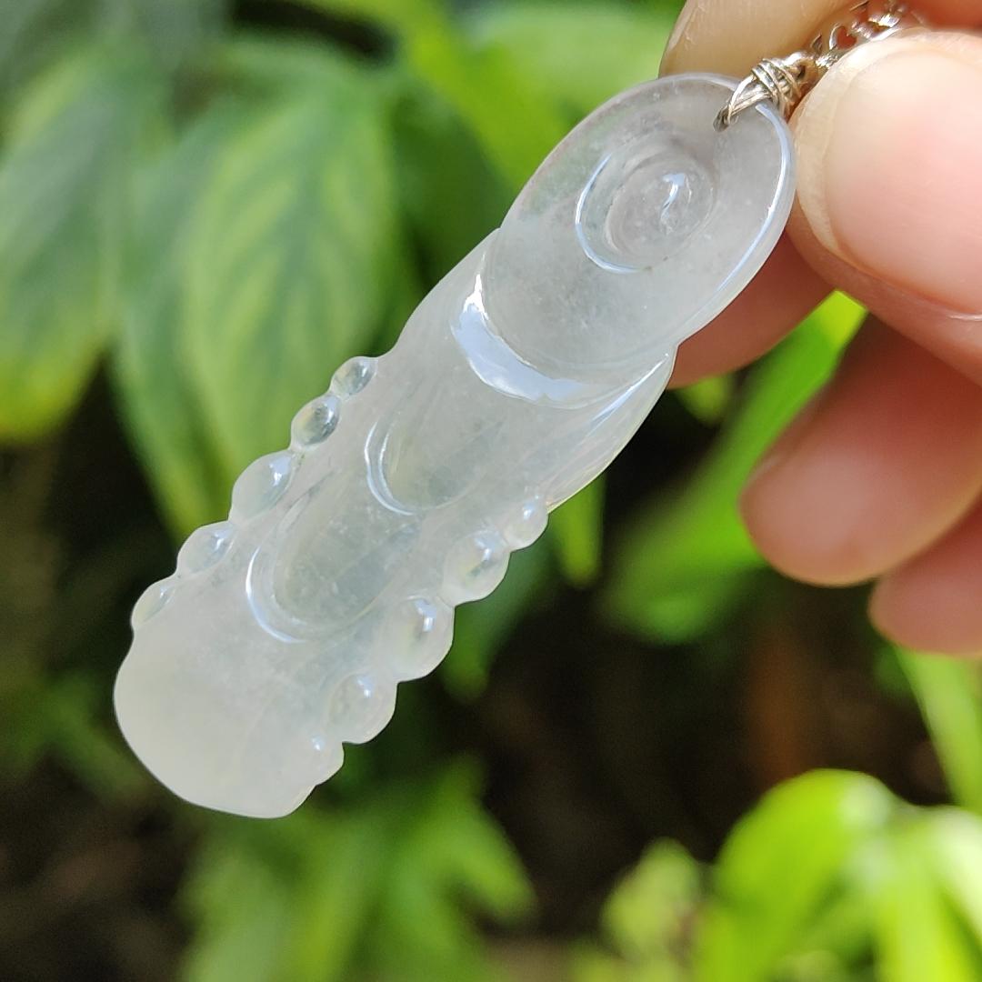 High Quality Icy Translucent Natural Type A Jadeite Jade crafted as Standing Guanyin, S925 clasp added as Pendant, certificate weighs 7.79 grams, measurement 45.7 * 14.8 * 6.3 mm (pendant269) Yi Pin Qian