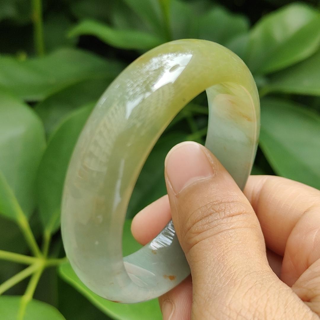 Collectible Authentic Natural Type-A Jadeite-Jade crafted as 53mm Green with Brown and Redish Patches Chaise Oval Bracelet Bangle, Certificate weighs 44.36, Width: 13.9mm Thickness: 6.8mm (bangle13) Yi Pin Qian Jadeites Jade Jewelry ~Your Precious Quintessential ~ Singapore
