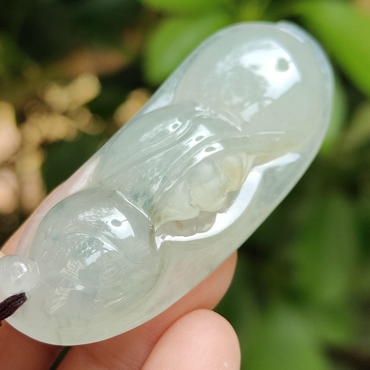 Bean with bat pendant crafted on Icy Translucent Natural Type A Jadeite Jade, certificate weighs 23.26 grams, measurement 56.3 * 22 * 10.7 mm (pendant394) Yi Pin Qian Jadeites Jade Jewelry ~Your Precious Quintessential ~ Singapore