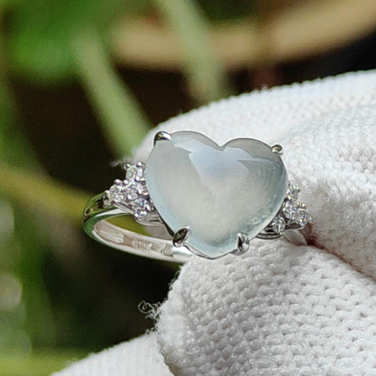 Mid Year Offer - Premium Icy Translucent Natural Type A Jadeite Jade Cabochon 8.5 * 9.8 * 3.2 mm crafted with shape of Heart set on 18k gold as Ring, certificate weighs 1.83 grams (18kring27) Yi Pin Qian