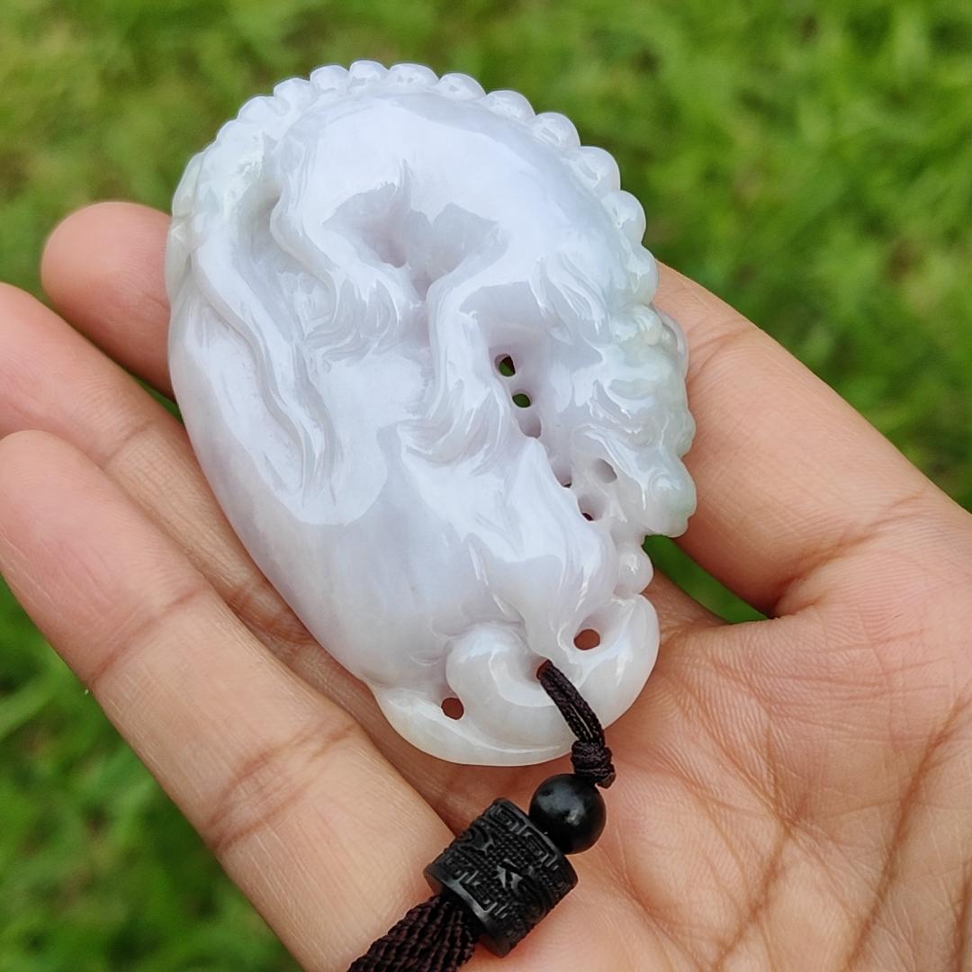 Light Lavender with Light Green Natural Type A Jadeite Jade crafted as Handheld piece or Pendant Necklace crafted as the Mythical Beast with certificate weigh 63.13 grams, measurement 63.8 * 43.8 * 16.6 mm (hand2) Yi Pin Qian
