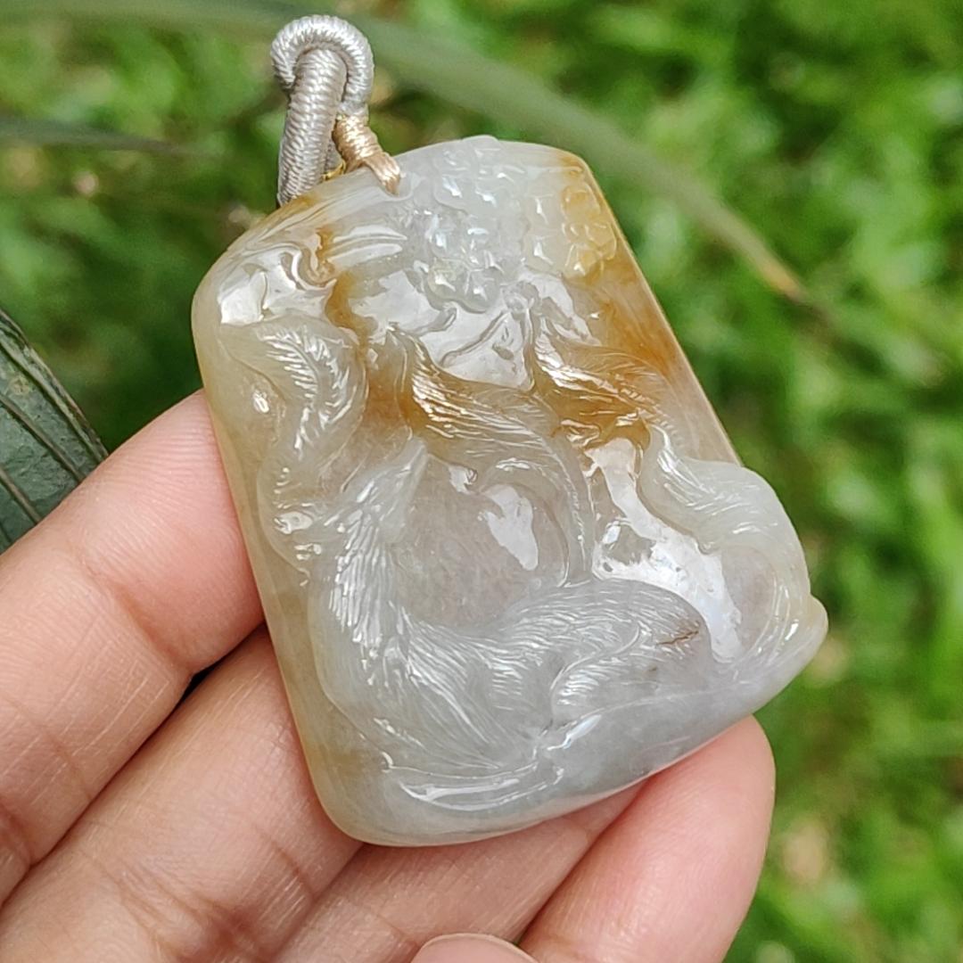 Yellow and White Semi Icy Natural Type A Jadeite Pendant Necklace crafted with nine tail fox symbols of Love, Charisma, and Good Luck, QIC Labs approved certificate included weigh 32.9 grams, 44 * 36 * 9 mm, suitable for daily wear Yi Pin Qian