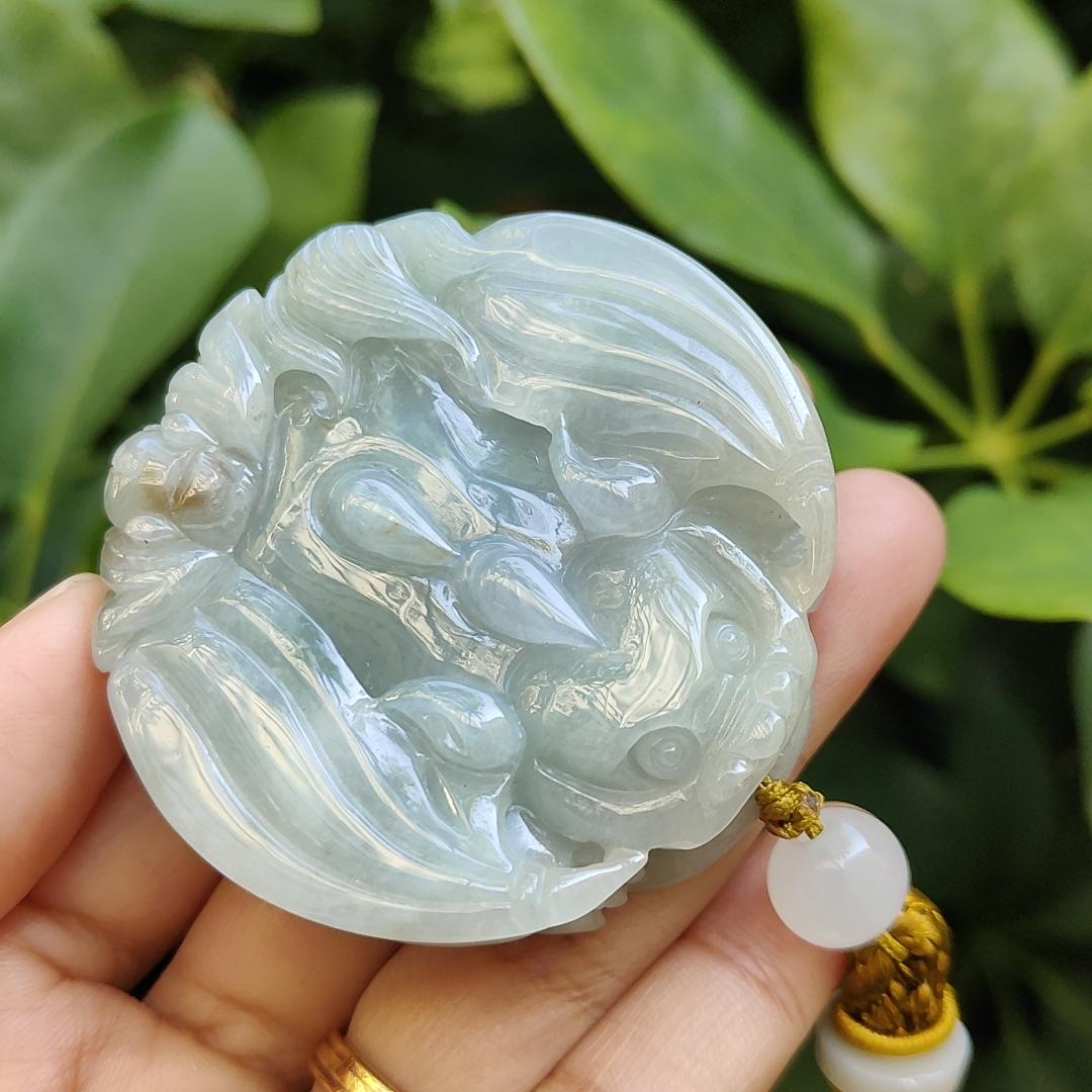 High Quality Light Green Hue with Yellow Patches Natural Type A Jadeite Jade crafted as the flying pixiu as Pendant, certificate weighs 85.45 grams, measurement 54 * 54.6 * 14.6 mm (pendant312) Yi Pin Qian Jadeites Jade Jewelry ~Your Precious Quintessential ~ Singapore