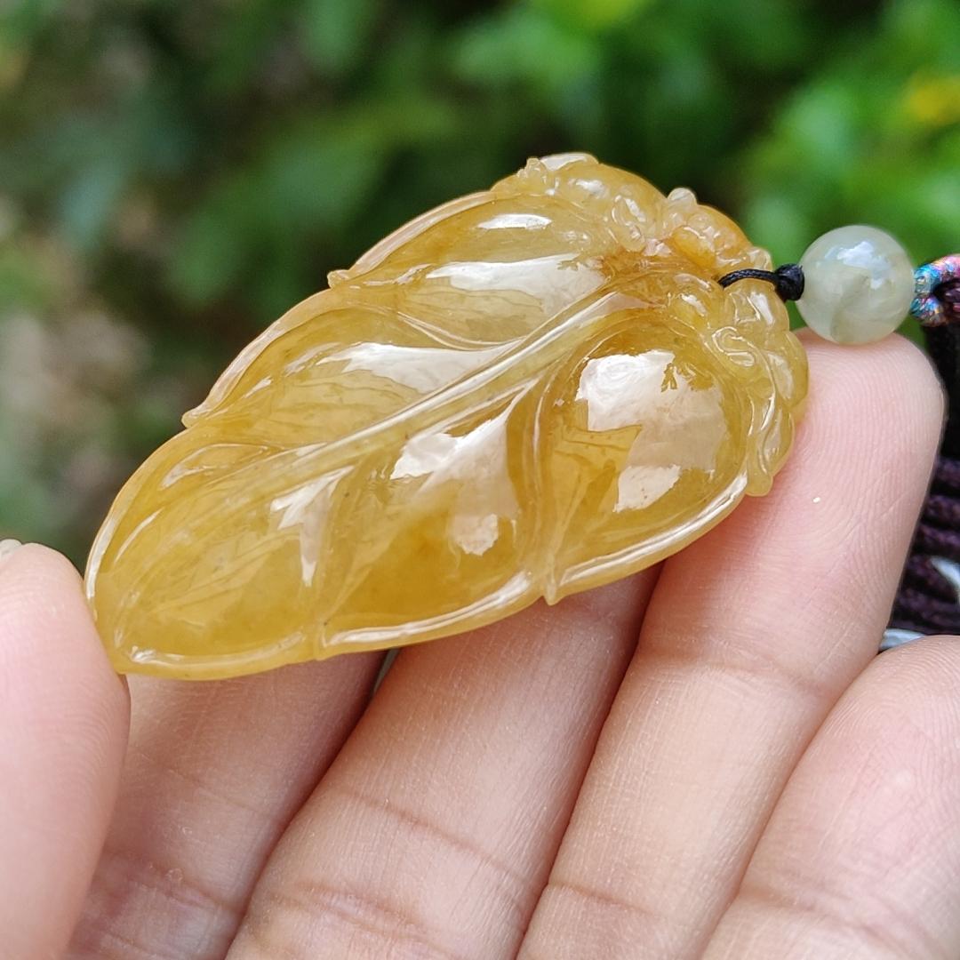Very fine and old full Yellow Natural Type A Jadeite Pendant carved as a leave and a Mythical Beast on it with certificate weight 16.02 grams, 44 * 26 * 10 mm meaning Good luck and auspiciousness (pendant107) Yi Pin Qian