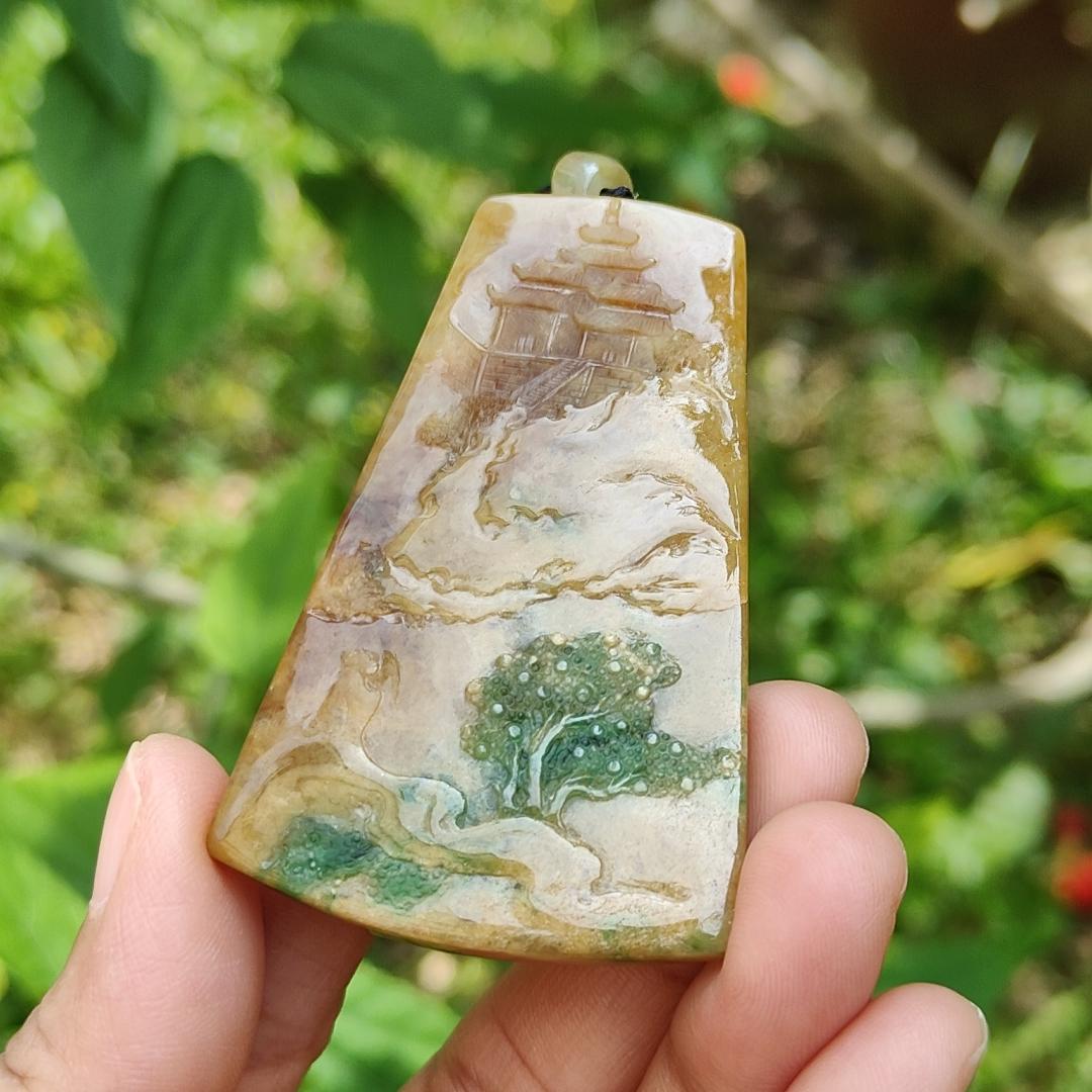 Very Rare Green, Red and Yellow Natural Type A Jadeite Jade Pendant Necklace with Sceneries, certificate included weigh 29.84 grams, measurement 61.6 * 39.7 * 5.8 mm (pendant183) Yi Pin Qian