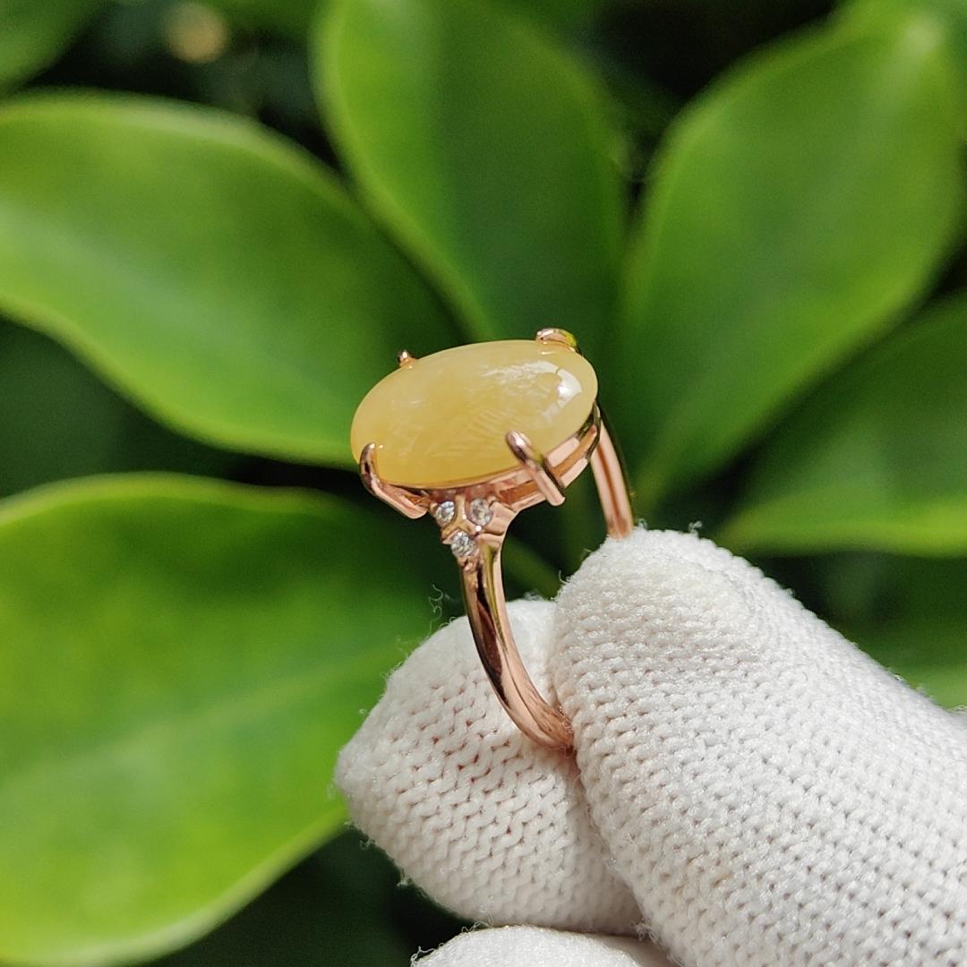 Yellow Cabochon Natural Type A Jadeite-Jade crafted as shape of oval set with size adjustable S925 Ring, certificate weighs 2.53 grams, measurement 13.3 * 9 * 3.2 mm (s925ring19) Yi Pin Qian Jadeites Jade Jewelry ~Your Precious Quintessential ~ Singapore