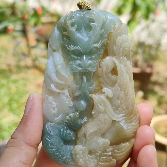 Light Green and Yellow Natural Type A Jadeite Jade Crafted with Dragon and Pheonix as Pendant, Certificate weigh 96.95 grams, measurement 90.2 * 55.7 * 11.5 mm (pendant222) Yi Pin Qian