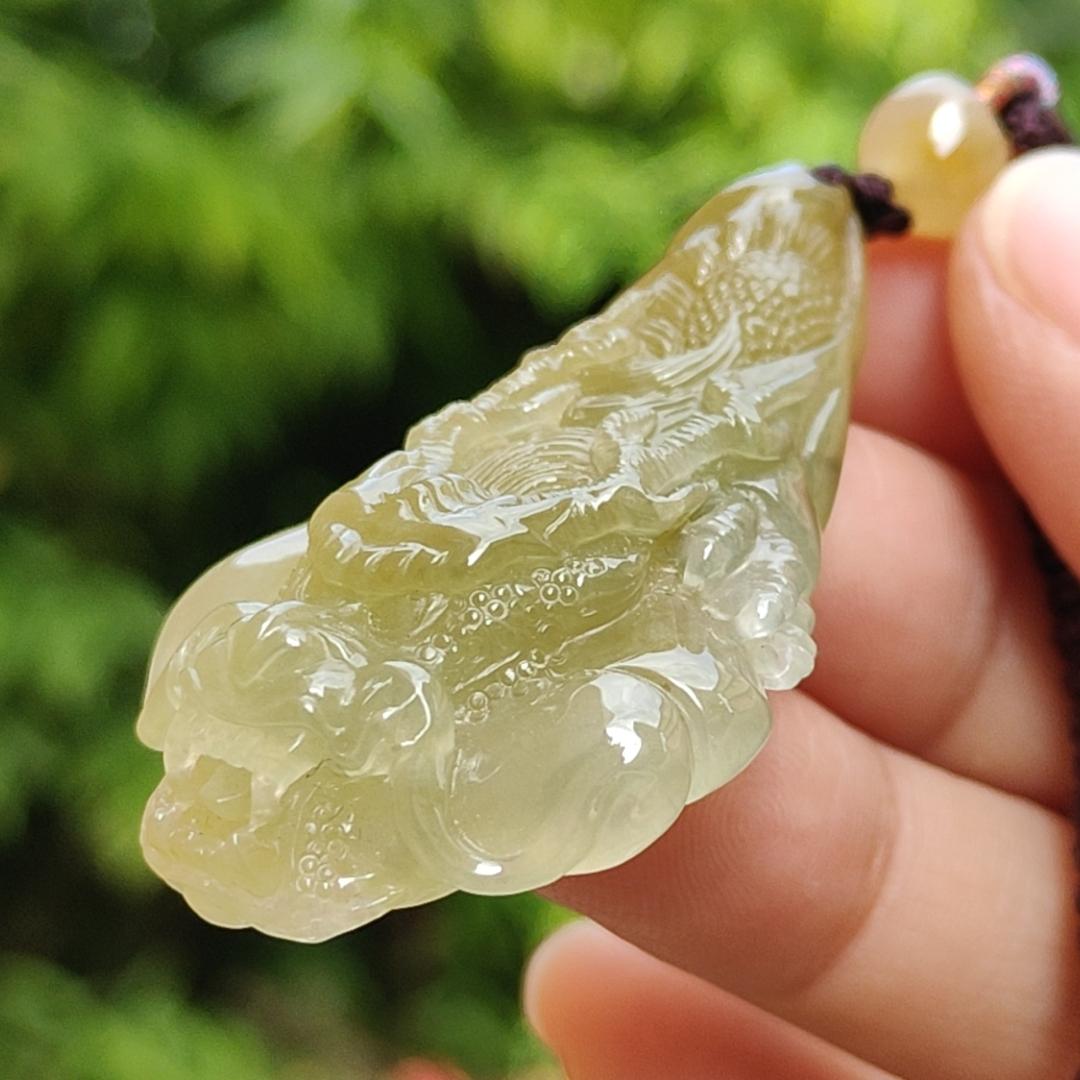 Premium Icy Yellow Natural Type A Jadeite Jade crafted with Dragon as Pendant certificate weighs 15.64 grams, measurement 50.6 * 27 * 11.5 mm (pendant253) Yi Pin Qian