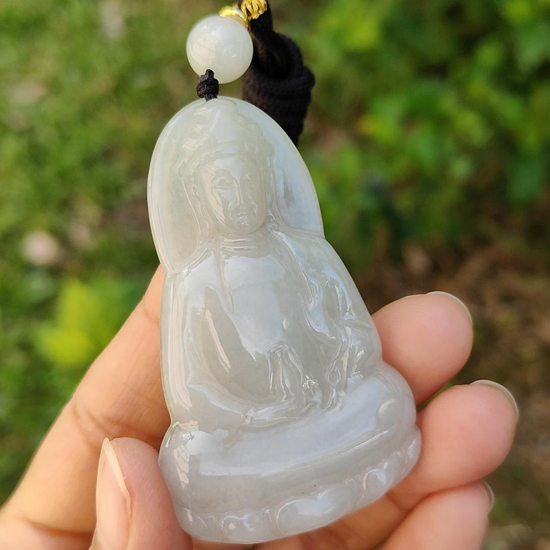 Semi Icy Natural Type A Jadeite Pendant carved as Guanyin with certificate weighs 23.87 grams, 60.3 * 37.1 * 6.2 mm, represents Compassion, wisdom and peace, suitable for daily wear (pendant83) Yi Pin Qian