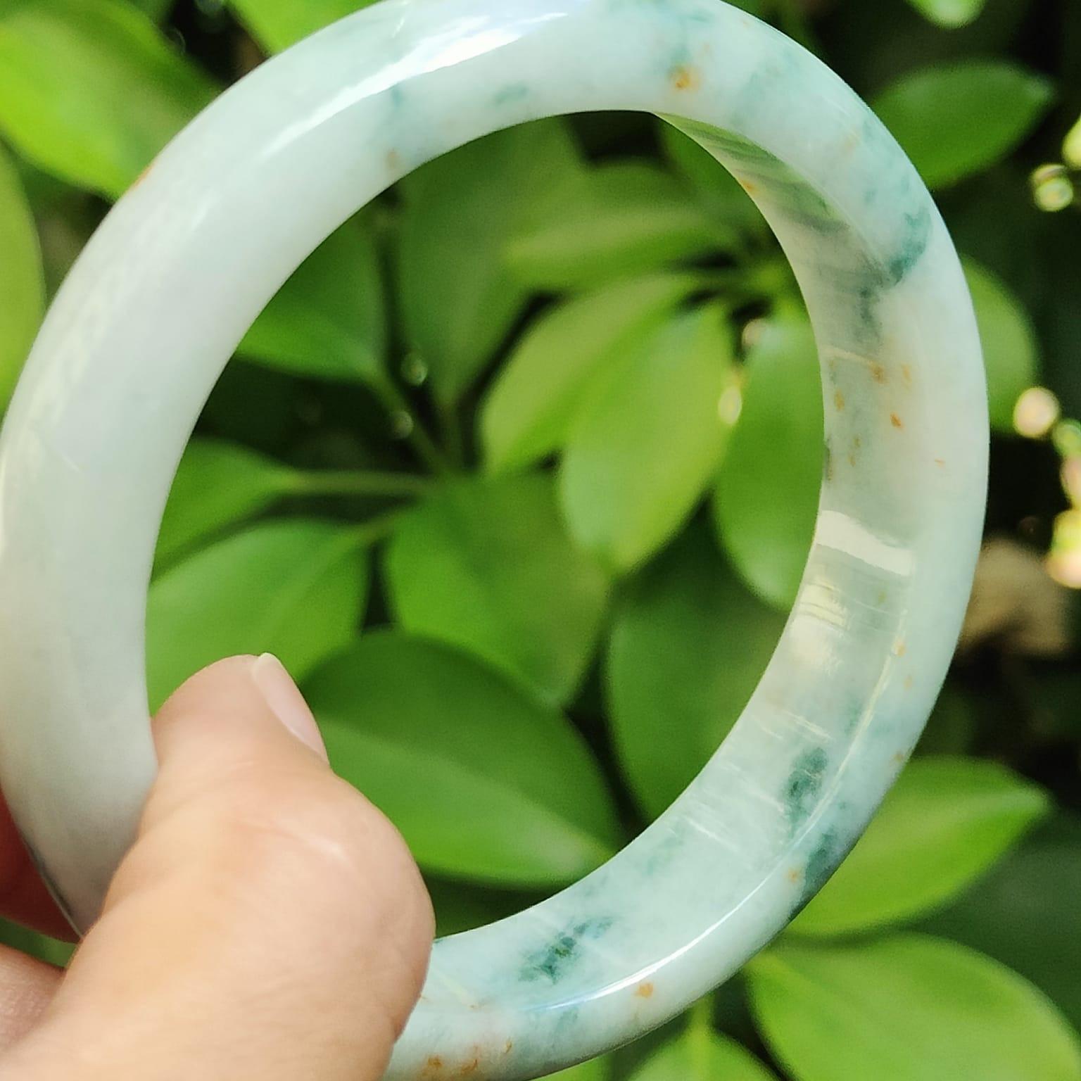 60.8 mm Light Green with Green Patches and Golden Yellow Patches Peace Bangle Natural Type A Jadeite Jade, certificate weighs 63.55 Width 13.5 Thickness 8mm (bangle29) Yi Pin Qian Jadeites Jade Jewelry ~Your Precious Quintessential ~ Singapore
