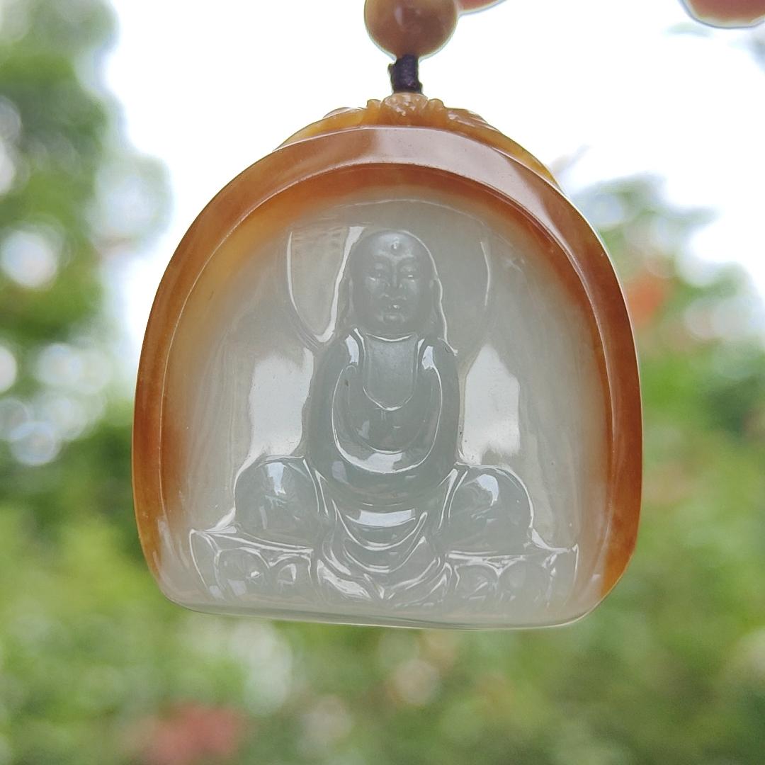 Rare old yellow Natural type A jadeite pendant with certificate carved as buddha seating on lotus weight 26.99 grams, 38.20 * 34.20 * 8.80 mm suitable for daily wear (pendant122) Yi Pin Qian