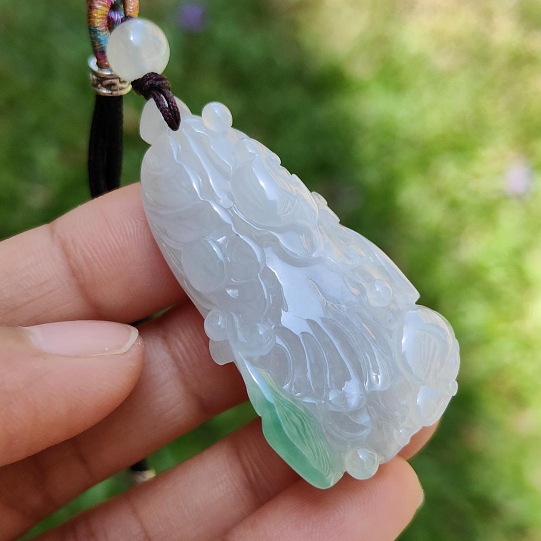 Semi Icy Natural Type A Jadeite Jade with green crafted as Chinese Cabbage Pendant, with certificate weigh 21.33 grams, measurement 47 * 25 * 12 mm (pendant197) Yi Pin Qian