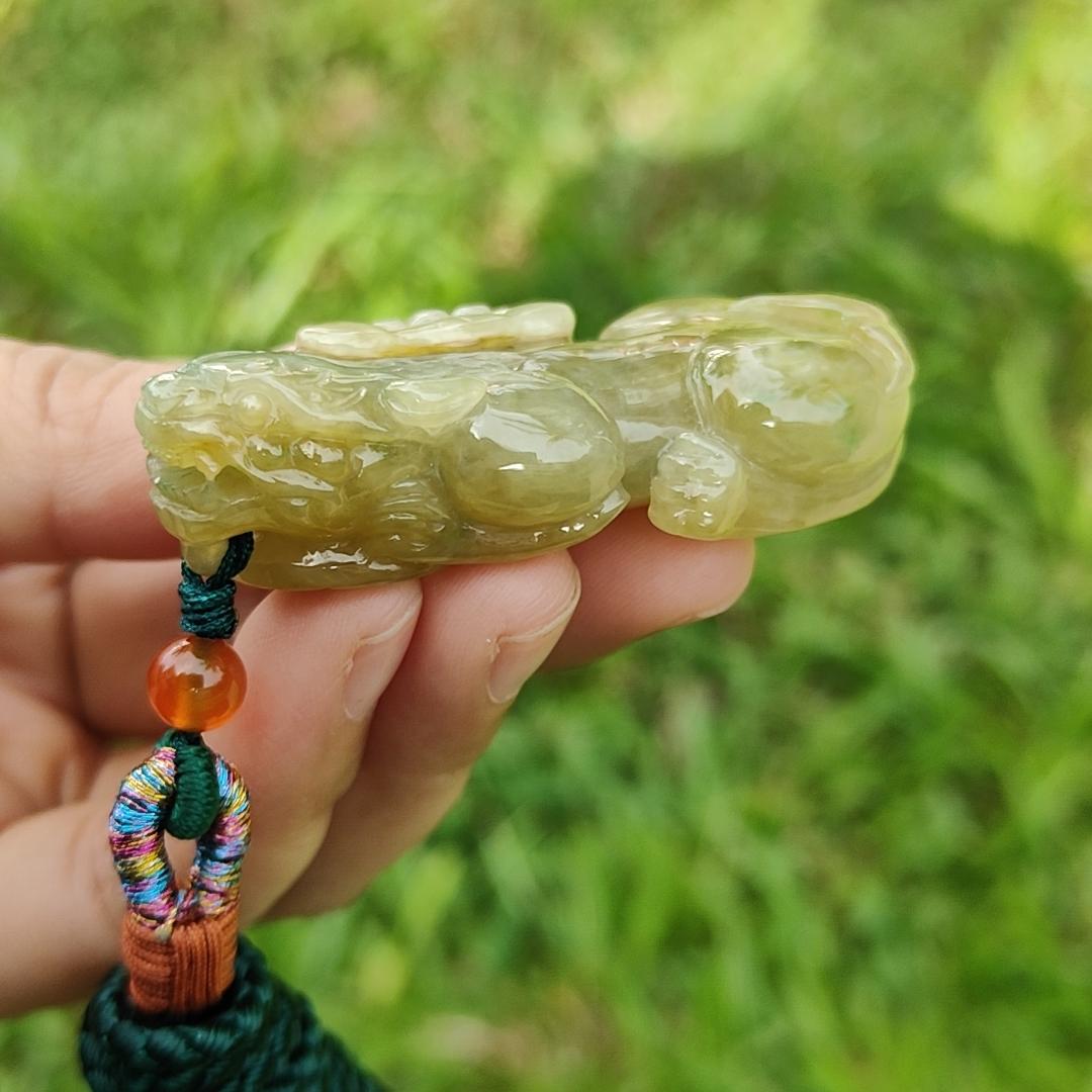 Premium Yellow Natural Type A Jadeite Pendant Necklace Crafted as Pixiu with Ruyi and Coin, certificate included weigh 39.48 grams, measurement 56.8 * 28.8 * 13 mm, suitable for daily wear and collectible (pendant41) Yi Pin Qian