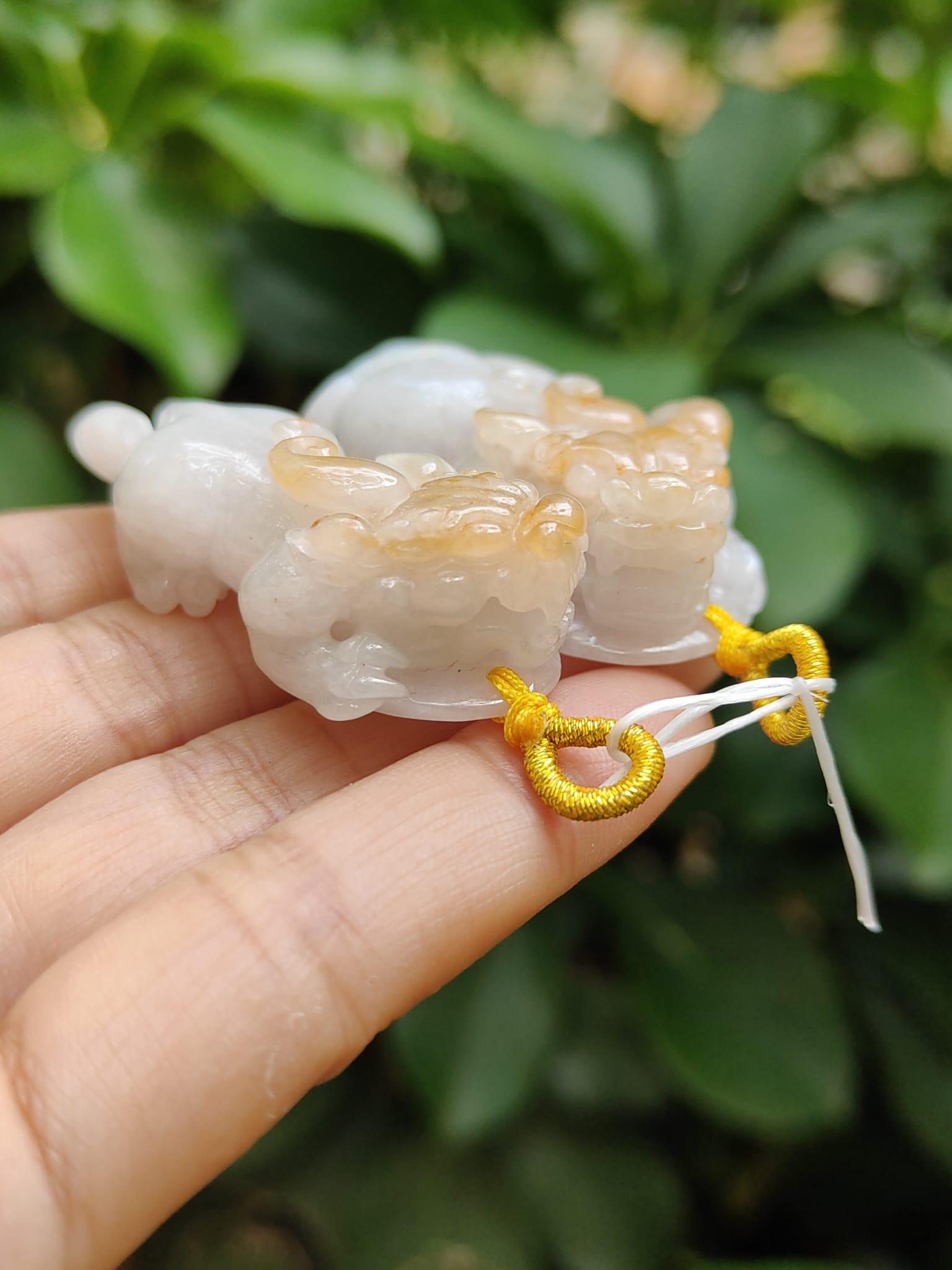 Sales - High Quality Pair of White, Yellow Natural Type A Jadeite Jade crafted as Pixiu for Pendant, certificate weighs 24.25 / 19.87 grams, measurements 50 * 21.3 * 14.1 / 47 * 20.6 * 13.6 mm (pendant292) Yi Pin Qian