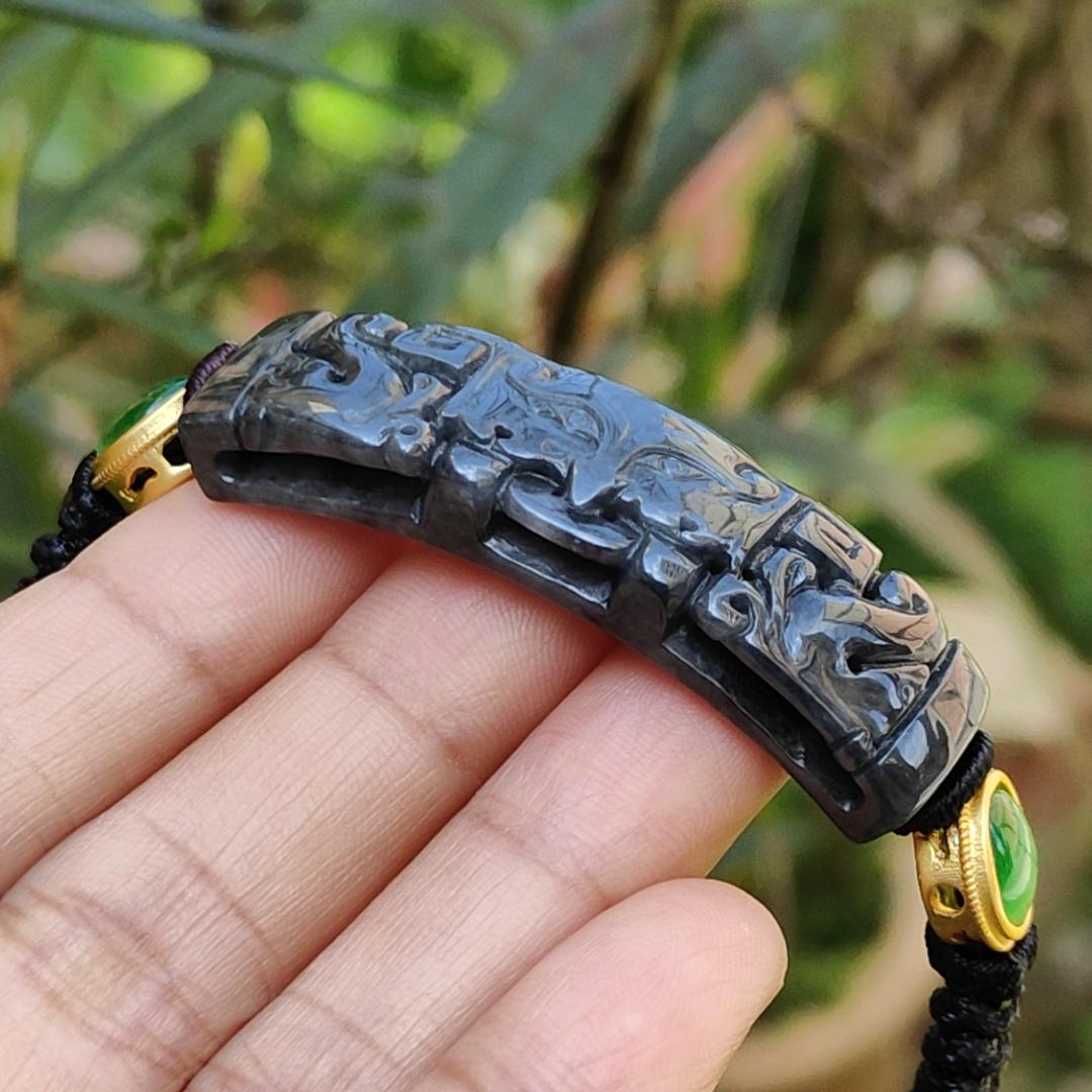 Wuji Black Natural Type A Jadeite Bracelet crafted with Tao Tie, symbols of Power and abundance and Money, with certificate weigh, mm 11.17 grams, 48.8 * 13.3 * 6.9 (bracelet7) Yi Pin Qian