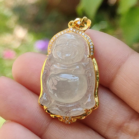 Premium Icy Translucent Natural Type A Jadeite Jade crafted as Standing Milo Buddha set on 18k gold with diamonds as Pendant, certificate included weigh 6.56 grams, measurement 37.5 * 19.7 * 9 mm (18kp27) Yi Pin Qian