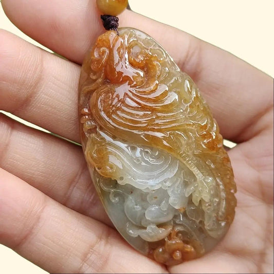 Rare Light Green with Red Natural Type A Jadeite Jade crafted as Phoenix to use as Pendant, certificate weighs 27.45 grams, measurement 52.3 * 28.5 * 12.5 mm (pendant279) Yi Pin Qian