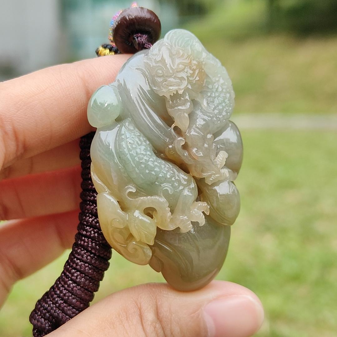 Reddish, Yellow and Green Natural Type A Jadeite Jade Pendant Necklace Crafted with Dragon and Ruyi with certificate weigh 40.57 grams, measurement 53.6 * 34.8 * 15 mm, symbols of Good luck, happiness and health (pendant189) Yi Pin Qian
