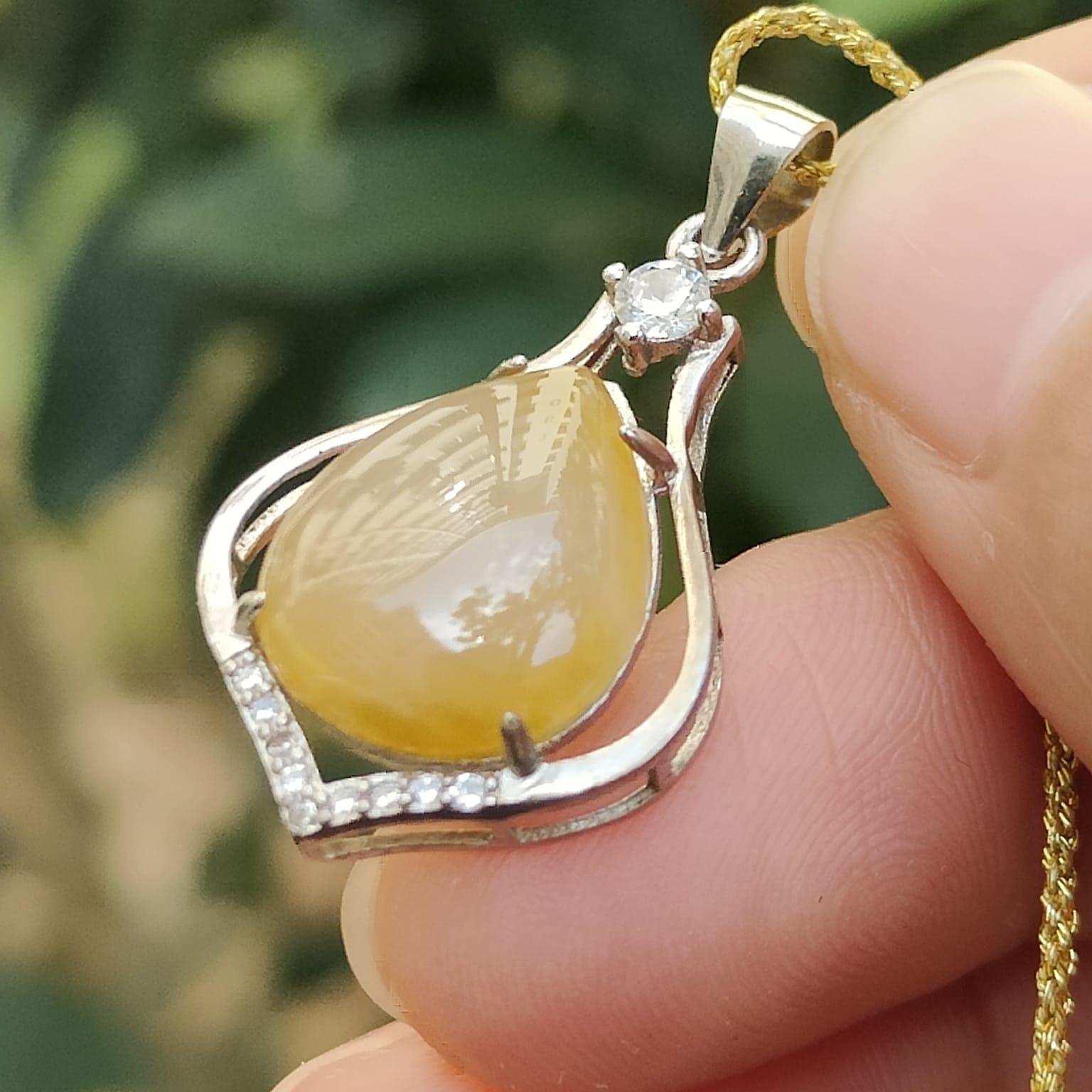 Yellow Water Drop Shape Cabochon Natural Type A Jadeite Jade set with S925 as Pendant certificate weighs 2.6 grams, measurement 14.7 * 12 * 4 mm (s925p5) Yi Pin Qian Jadeites Jade Jewelry ~Your Precious Quintessential ~ Singapore