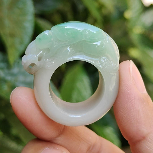 Rare Quality Light Green with White Natural Type A Jadeite Jade crafted with Pixiu and Ruyi as Ring, certificate weigh 31.97 grams, measurement 36.2 * 16 * 13, Finger size 19.5 mm (ring5) Yi Pin Qian