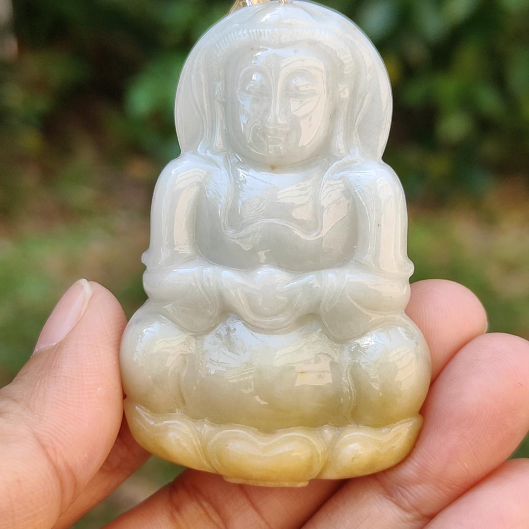 Yellow and White Guanyin Pendant Necklace Natural Type A Jadeite with certificate included weigh 25.08 grams, 59.1 * 38.6 * 7 mm, suitable for your daily wear (pendant6) Yi Pin Qian