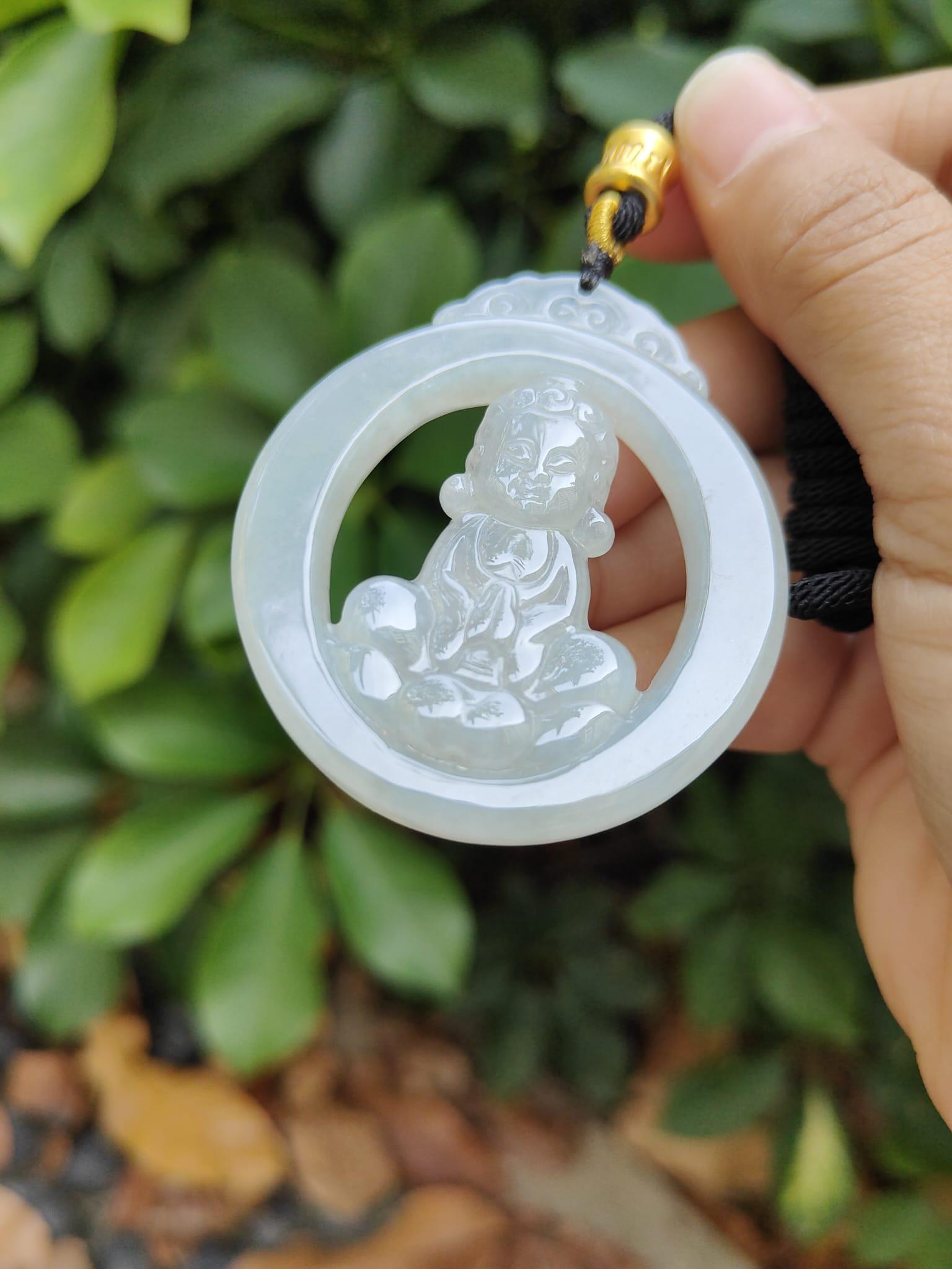 Rare Collection for Collector, Light Green Hue Type A Natural Jade Jadeite crafted with Baby Buddha as Pendant, certificate weighs 29.15 grams, measurement 53.9 * 47.6 * 6.8 mm (pendant306) Yi Pin Qian Jadeites Jade Jewelry ~Your Precious Quintessential ~ Singapore