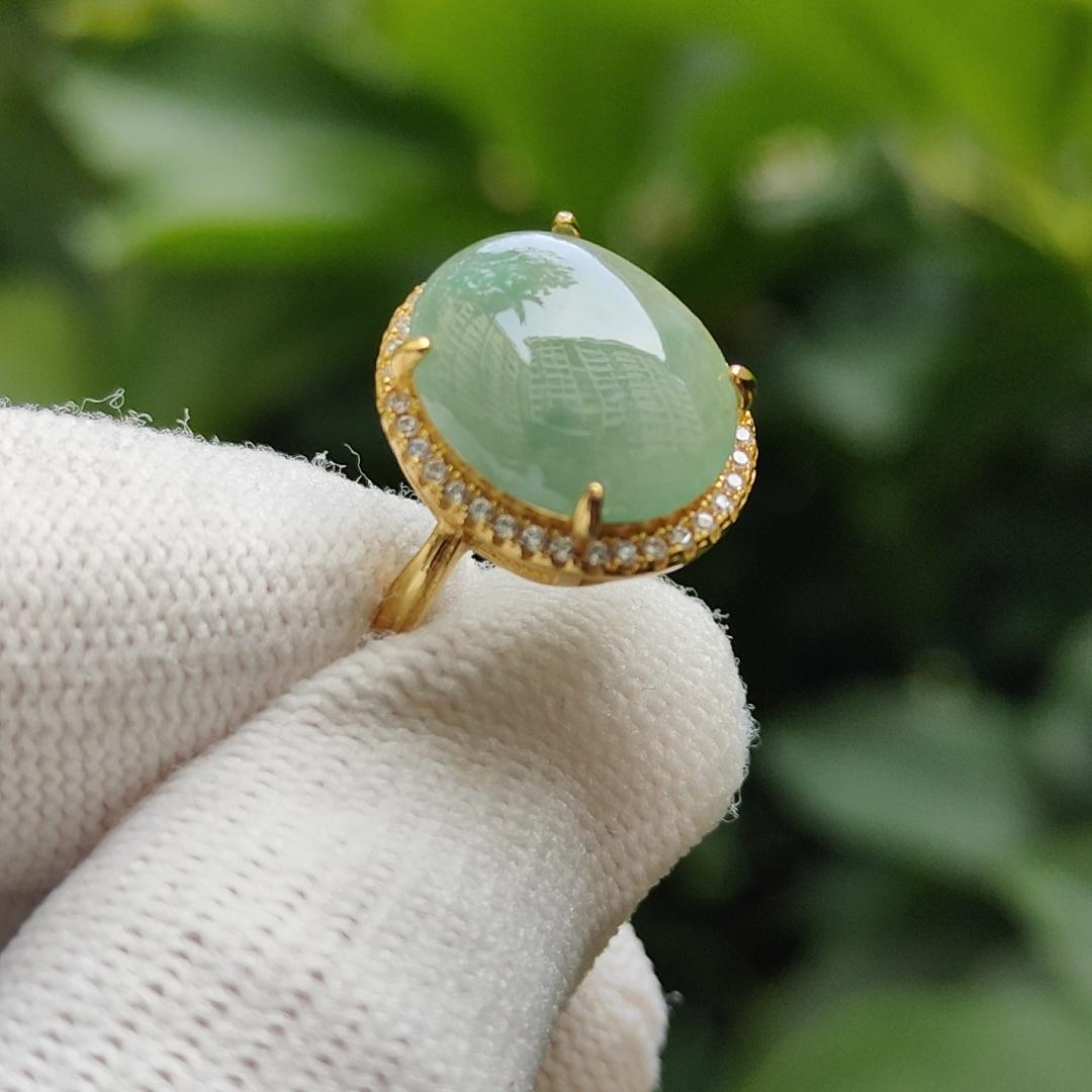 Type A Natural Jadeite Jade - Good Quality Light Green Cabochon set on S925 as Free size adjustable Ring with QIC labs approved certificate weighs 3.89 grams, measurement 13.9 * 11.6 * 3.3 mm (s925ring16) Yi Pin Qian Jadeites Jade Jewelry ~Your Precious Quintessential ~ Singapore
