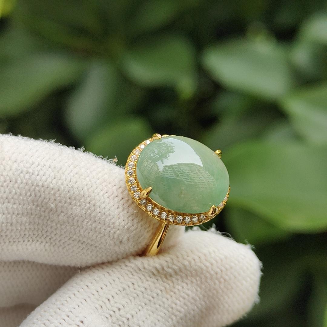 Type A Natural Jadeite Jade - Good Quality Light Green Cabochon set on S925 as Free size adjustable Ring with QIC labs approved certificate weighs 3.89 grams, measurement 13.9 * 11.6 * 3.3 mm (s925ring16) Yi Pin Qian Jadeites Jade Jewelry ~Your Precious Quintessential ~ Singapore