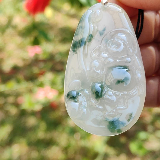 Special Sales - Rare Green Patches White with Yellow Hue Natural Type A Jadeite Jade crafter with Milo Buddha as Pendant, certificate weigh 17.2 grams, measurement 54.2 * 30.5 * 5.9 mm (pendant214) Yi Pin Qian