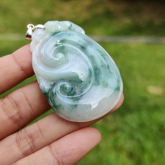 Special Offer, Green with Light Green Floating Flower (Piaohua) Natural Type A Jadeite Pendant Necklace crafted with Bat on Ruyi with certificate weigh 17.71 grams, 51.6 * 34.5 * 6 mm sysmbols of Happiness, auspiciousness (pendant103) Yi Pin Qian