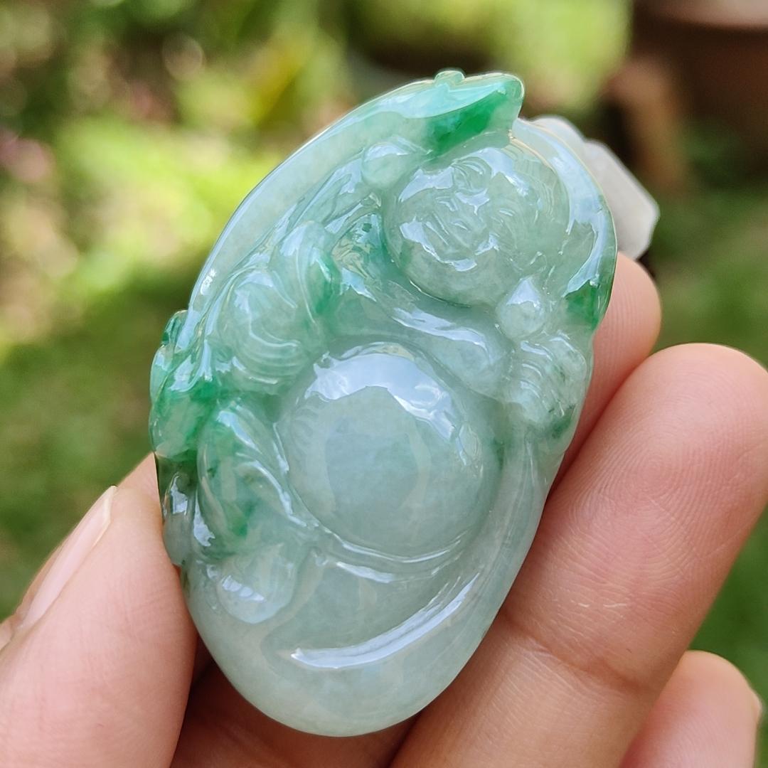 Rare High Quality Light Green and Green Natural Type A Jadeite Jade crafted with Milo Buddha as Pendant, certificate weighs 28.04 grams, measurement 46.3 * 30.3 * 13.9 mm (pendant285) Yi Pin Qian