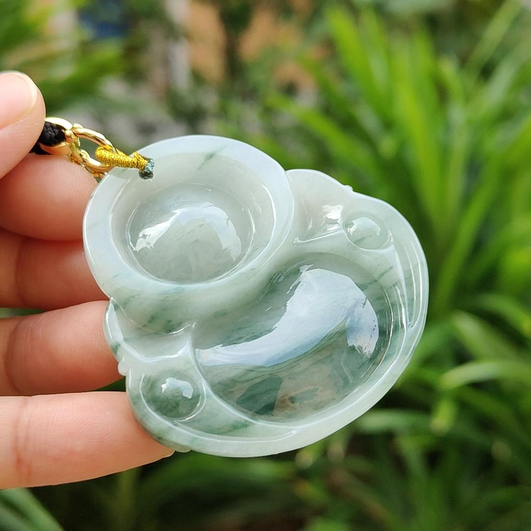 Rare, Hugh, Old Mine Translucent Floating bluish green patches Natural Type A Jadeite Pendant carved as Milo Buddha weight 232.82 grams, 52.83 * 51.18 * 12.18 mm, fine grain crystal aggregate suitable for daily wear with NGI Certificate (pendant143) Yi Pin Qian