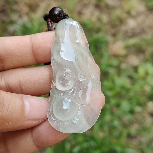 Highly Translucent Premium Icy Natural Type A Jadeite Pendant Necklace crafted as Milo Buddha with certificate, weigh 14.78 grams, 55 * 24.50 * 6.60 mm, symbols of Wealth, luck, prosperity, optimism, and hope, suitable for collections (pendant55) Yi Pin Qian