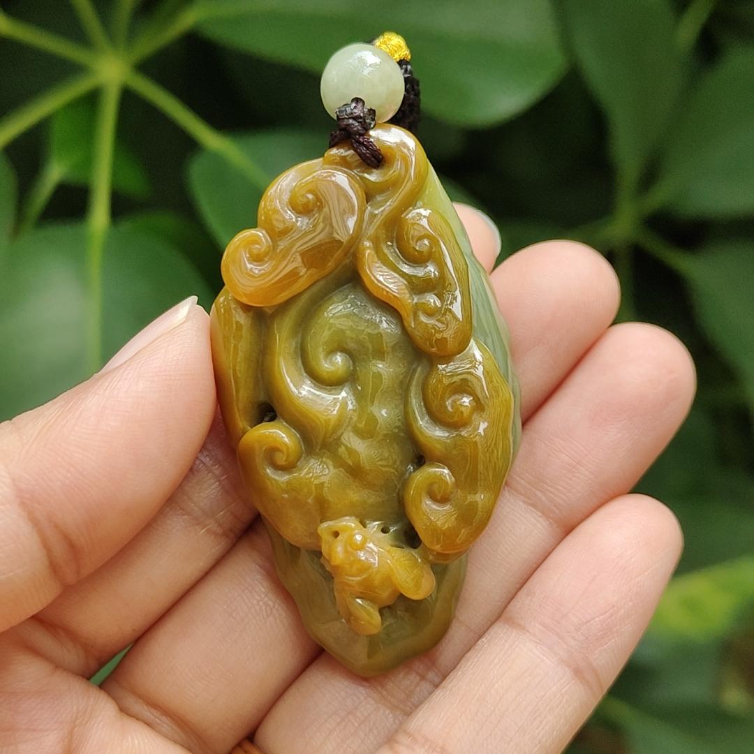 Latest Arrival in SG - Lots of Ruyi Crafted on Light Green Hue with Brown Natural Type A Jadeite Jade as Pendant, certificate weighs 35.21 grams, measurement 54.6 * 31.3 * 14.8 mm (pendant321) Yi Pin Qian Jadeites Jade Jewelry ~Your Precious Quintessential ~ Singapore