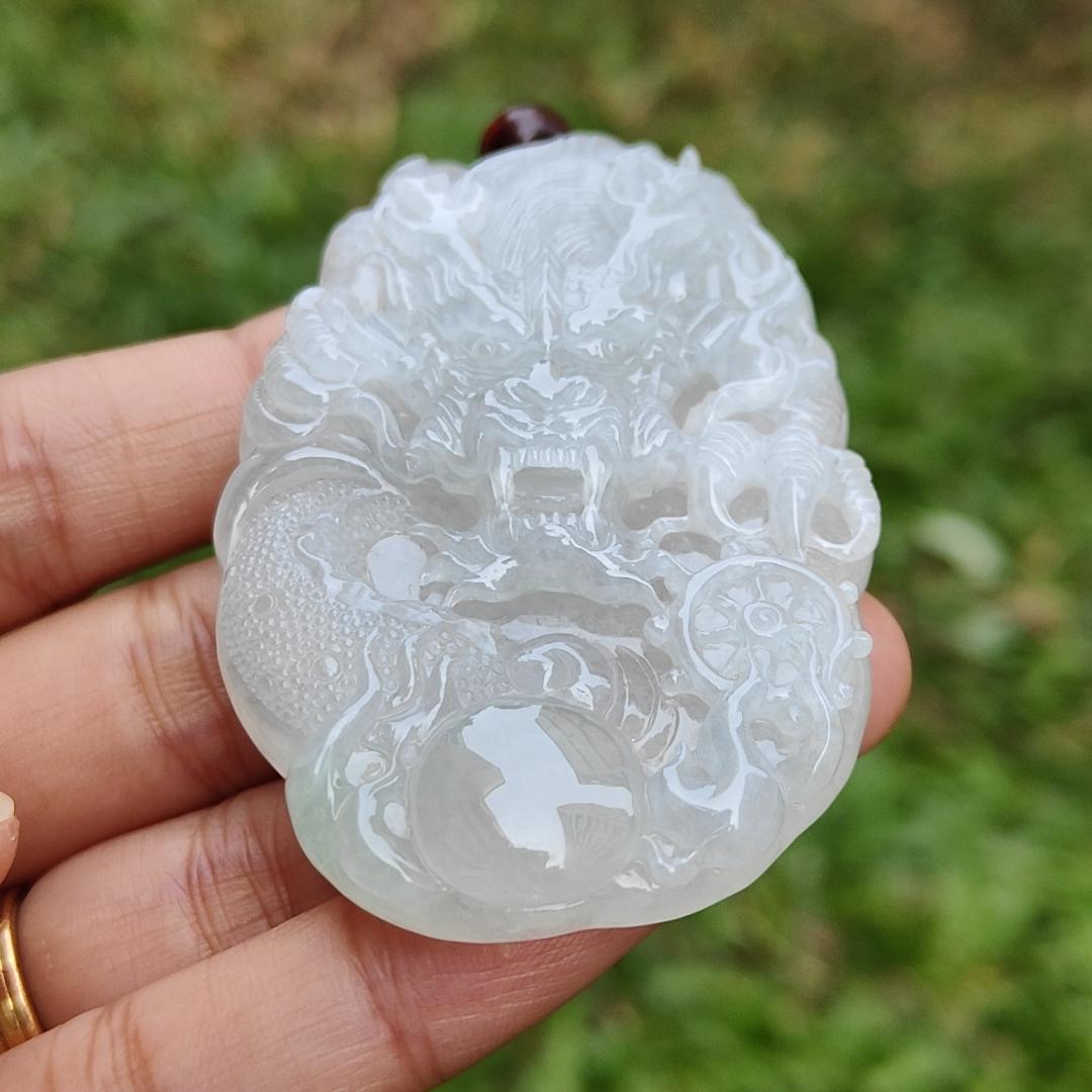 Semi Icy Premium Natural Type A Jadeite Jade crafted as Dragon with certificate weigh 49.63, measurement 64.8 * 42.5 * 10.5 mm (pendant190) Yi Pin Qian