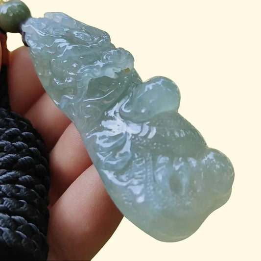 High Quality Beautifully crafted as Dragon with Semi Icy Translucent Natural Type A Jadeite Jade as Pendant, certificate weighs 22.18 grams, measurement 54.6 * 21.5 * 15.7 mm (pendant270) Yi Pin Qian