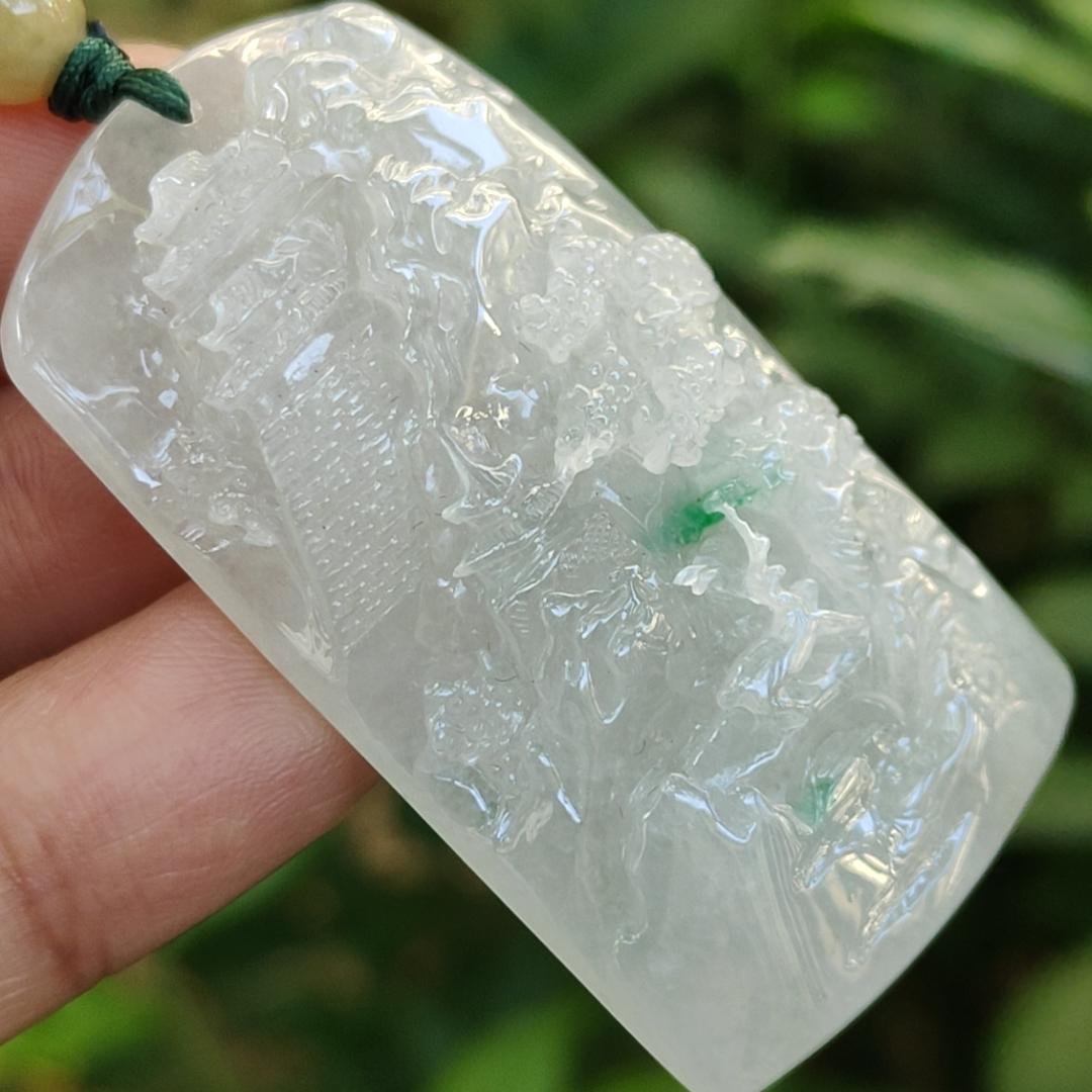High Quality Good Translucent Light Green with Green Patches Crafted with Scenery Natural Type A Jadeite Jade as Pendant certificate weighs 26.66 grams, measurement 48.1 * 28 * 11.8 (pendant313) Yi Pin Qian Jadeites Jade Jewelry ~Your Precious Quintessential ~ Singapore