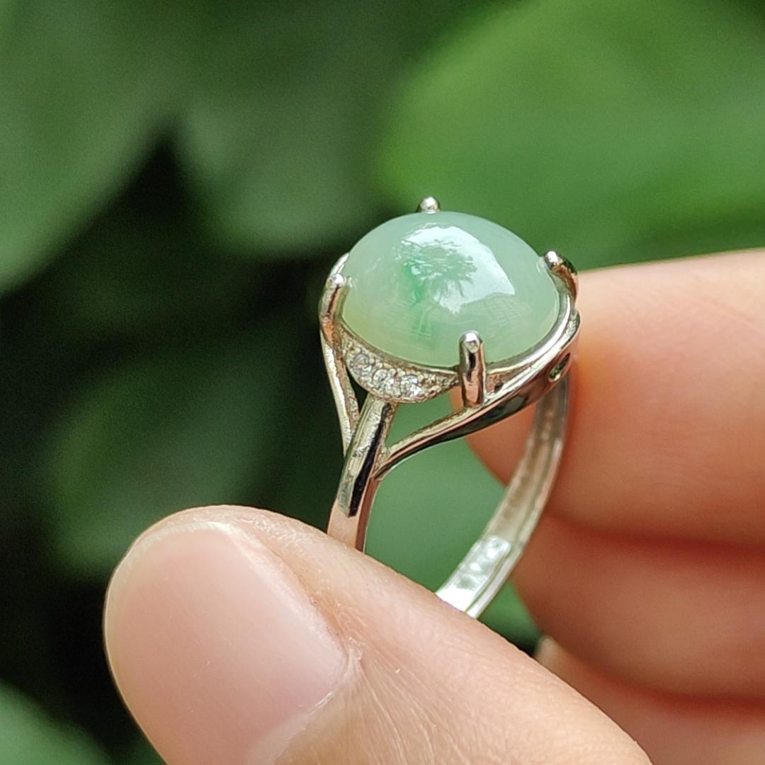 Crafted as Light Green Cabochon on Natural Type A Jadeite Jade set with S925 as Adjustable Ring certificate weighs 2.22 grams, measurement 10.3 * 8.9 * 3.4 mm (s924ring24) Yi Pin Qian Jadeites Jade Jewelry ~Your Precious Quintessential ~ Singapore