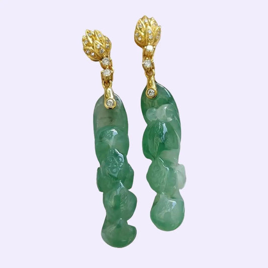 Icy Translucent Lotus Jadeite Stud Earrings – Natural Type A Jadeite, 18K with Diamonds, Symbol of Purity and Elegance (18k08) Yi Pin Qian Jadeites Jade Jewelry ~Your Precious Quintessential ~ Singapore