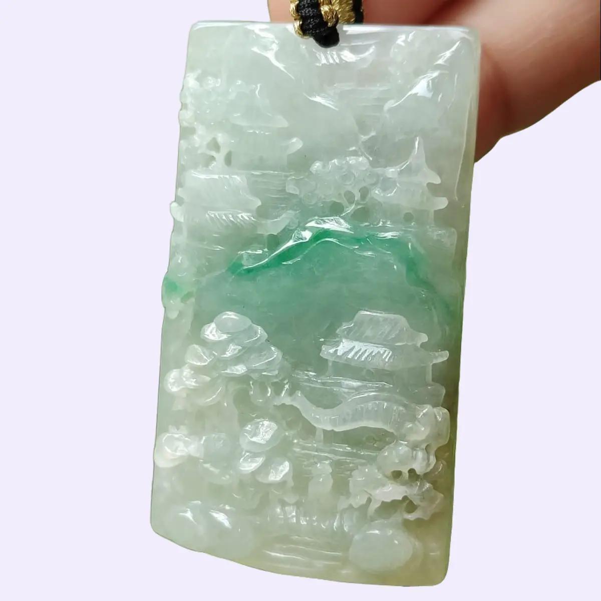 Latest arrival SG Local Seller crafted as sceneries Pendant Light green Hue, Green and white Natural Type A Jadeite Jade, certificate weighs 21.24 grams, measurement 47 * 26.9 * 7.5 mm (pendant353) Yi Pin Qian Jadeites Jade Jewelry ~Your Precious Quintessential ~ Singapore