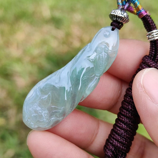 Icy Light Green Natural Type A Jadeite Jade Pendant Crafted with Fish and Lotus, certificate weigh 6.07 grams, measurement 46.3 * 15.8 * 5.5 mm (pendant191) Yi Pin Qian