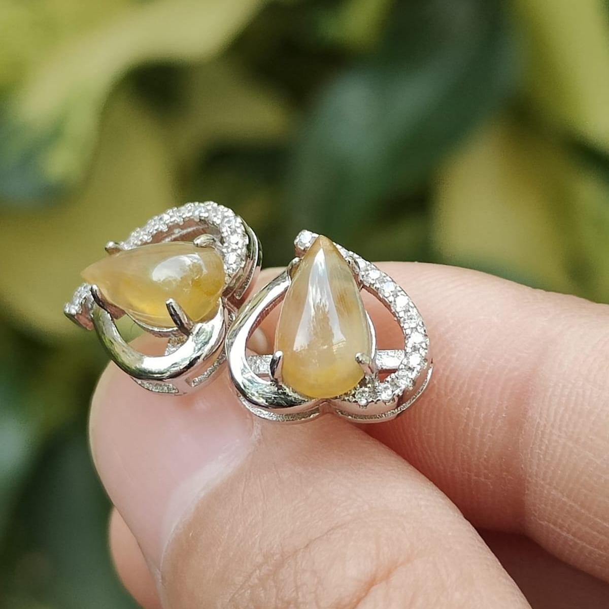 Icy Yellow Natural Type A Jadeite Jade set with S925 as Stud Earrings certificate weighs 2.24 grams (s925es1) Yi Pin Qian Jadeites Jade Jewelry ~Your Precious Quintessential ~ Singapore