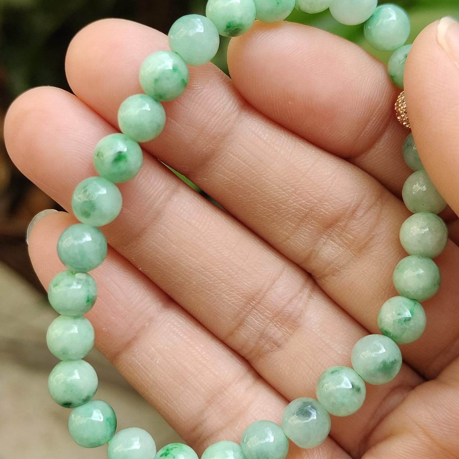28 * 6.3 mm Light green with green patches beads Natural Type A Jadeite Jade bracelet, certificate weighs 12.64 grams (bracelet40) Yi Pin Qian Jadeites Jade Jewelry ~Your Precious Quintessential ~ Singapore