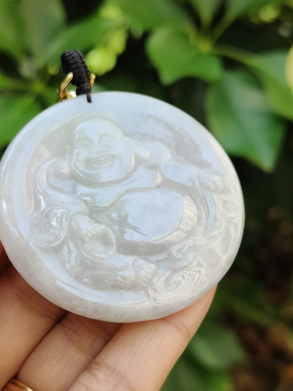 Natural Jadeite Jade Laughing Buddha Pendant with Certificate – Light Green & Lavender Hue (Sku: pendant453)