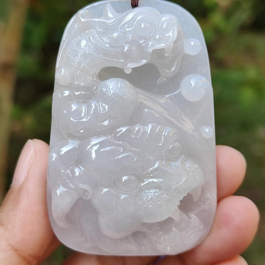 Rare Old Collection White Natural Type A Jadeite Jade crafted with Dragon and Tiger as Pendant, Certificate weigh 44.48 grams, Measurement 60.5 * 40.2 * 9.5 mm (pendant218) Yi Pin Qian