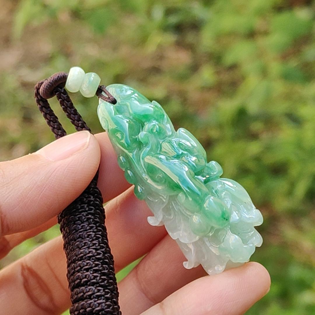 Lots Of Green on this Natural Type A Jadeite Pendant Necklace Crafted as Chinese Cabbage with Ruyi, Symbols of Wealth rolling in, good luck and prosperity, certificate included weigh 15.27 grams, 47.9 * 19.6 * 14.8 mm, (pendant30) Yi Pin Qian