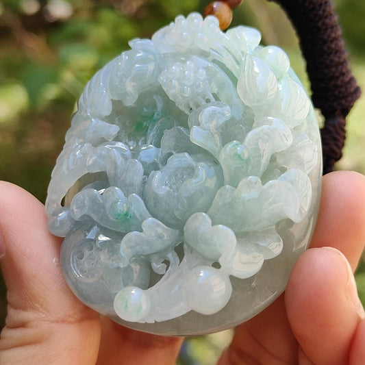 Green with Bluish Green Hue Natural Type A Jadeite Pendant Necklace crafted with Bird and flowers, symbols of Auspiciousness, blessing, Nature and vitality, certificate included weigh 69.39 grams, 55.2 * 45.8 * 15.8 mm, suitable for collection (pendant49) Yi Pin Qian