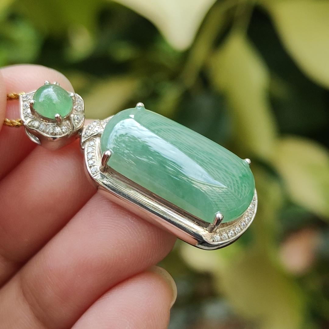 High Quality Rare Green Cabochons on Natural Type A Jadeite Jade set with S925 as Pendant, certificate weighs 5.44 grams, measurement 34.2 * 13.3 * 9.1 mm (s925p4) Yi Pin Qian Jadeites Jade Jewelry ~Your Precious Quintessential ~ Singapore